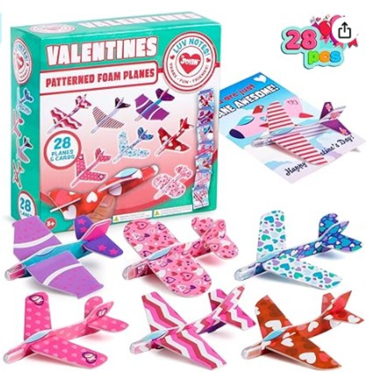 28 Valentines Day Foam Airplanes Greeting Cards with Valentine's Punchline for Kids School Classroom Exchange Prizes Gift Supplies.